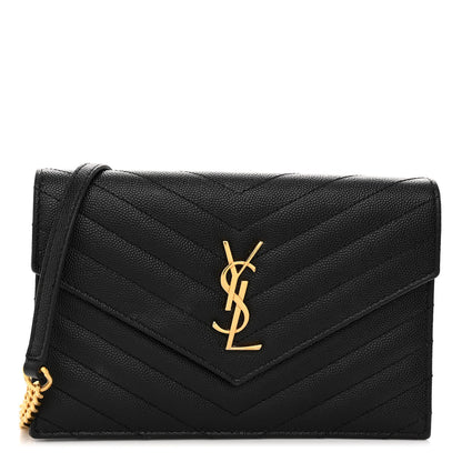 Saint Laurent Grain De Poudre Matelasse Chevron Monogram Envelope Chain Wallet Black 1 of 9