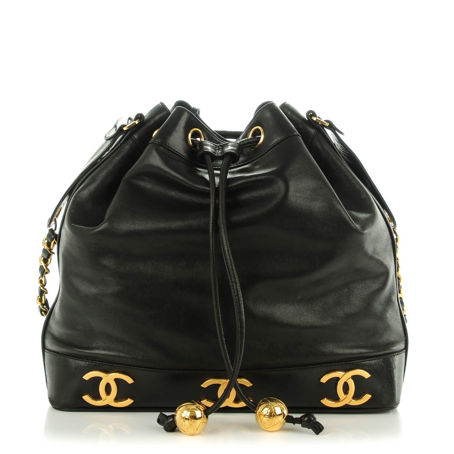 Lambskin CC Drawstring Shoulder Bag Black