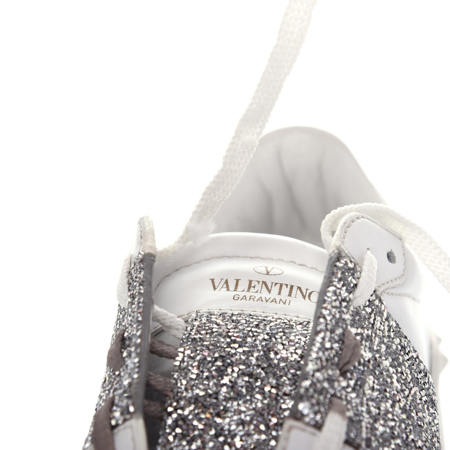 Calfskin Glitter Rockstud Open Sneakers 39 White Silver