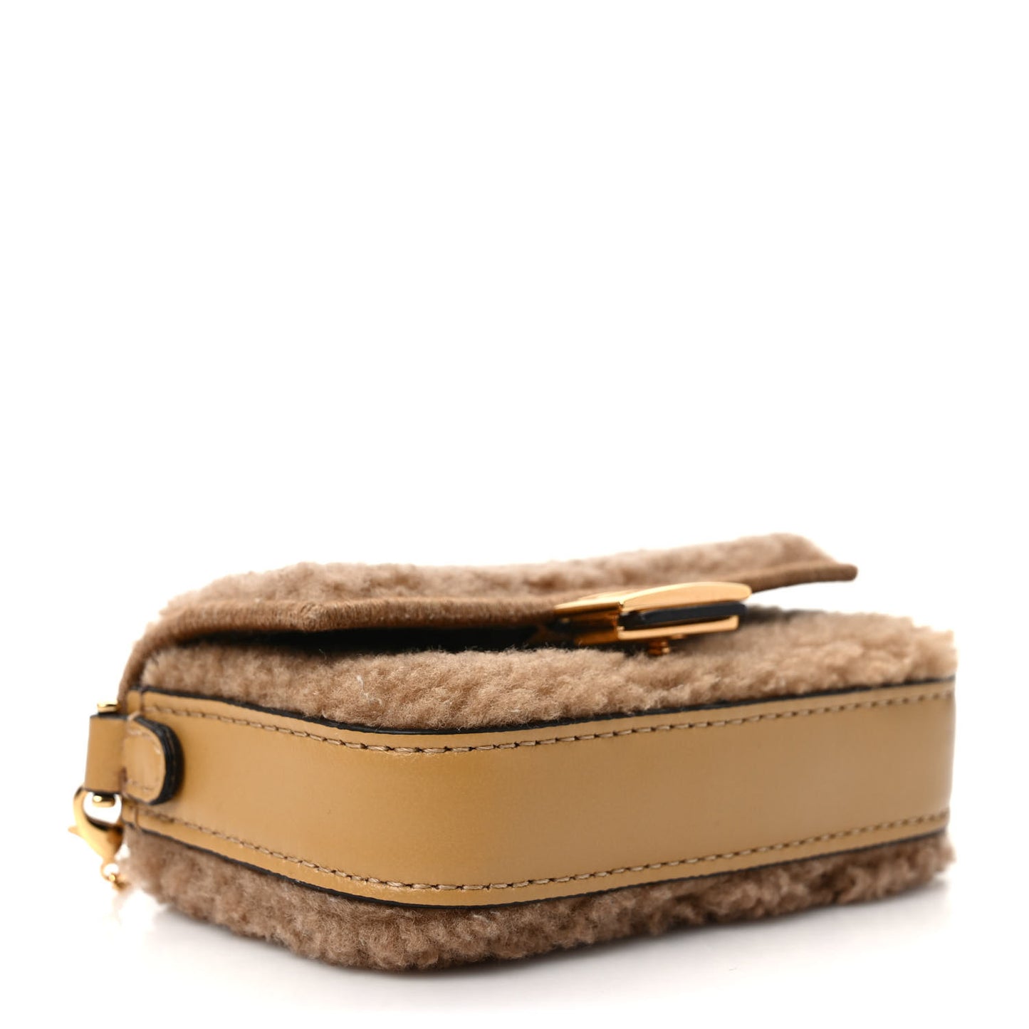 Curly Shearling Shiny Nappa Nano Baguette Charm Camel
