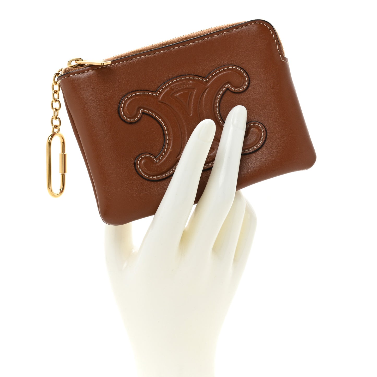 Smooth Calfskin Cuir Triomphe Coin and Card Pouch With Hook Tan