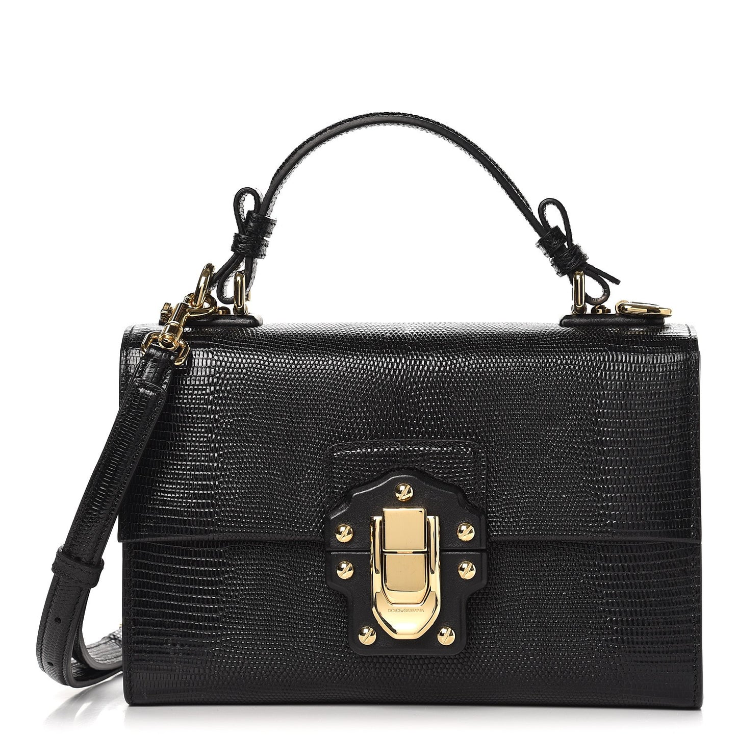 Iguana Calfskin Embossed Lucia Top Handle Bag Black