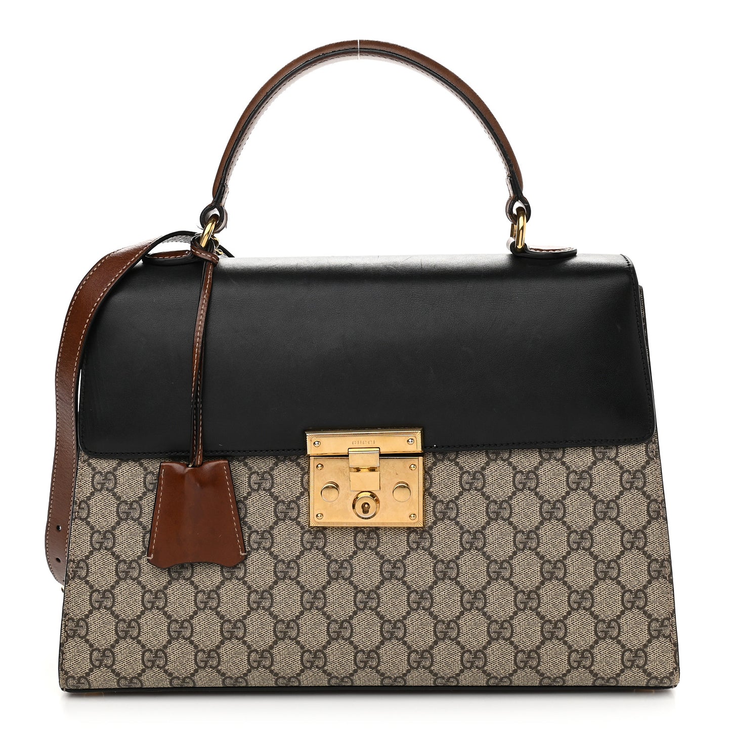 GG Supreme Monogram Calfskin Medium Padlock Top Handle Bag Beige Black Cuir