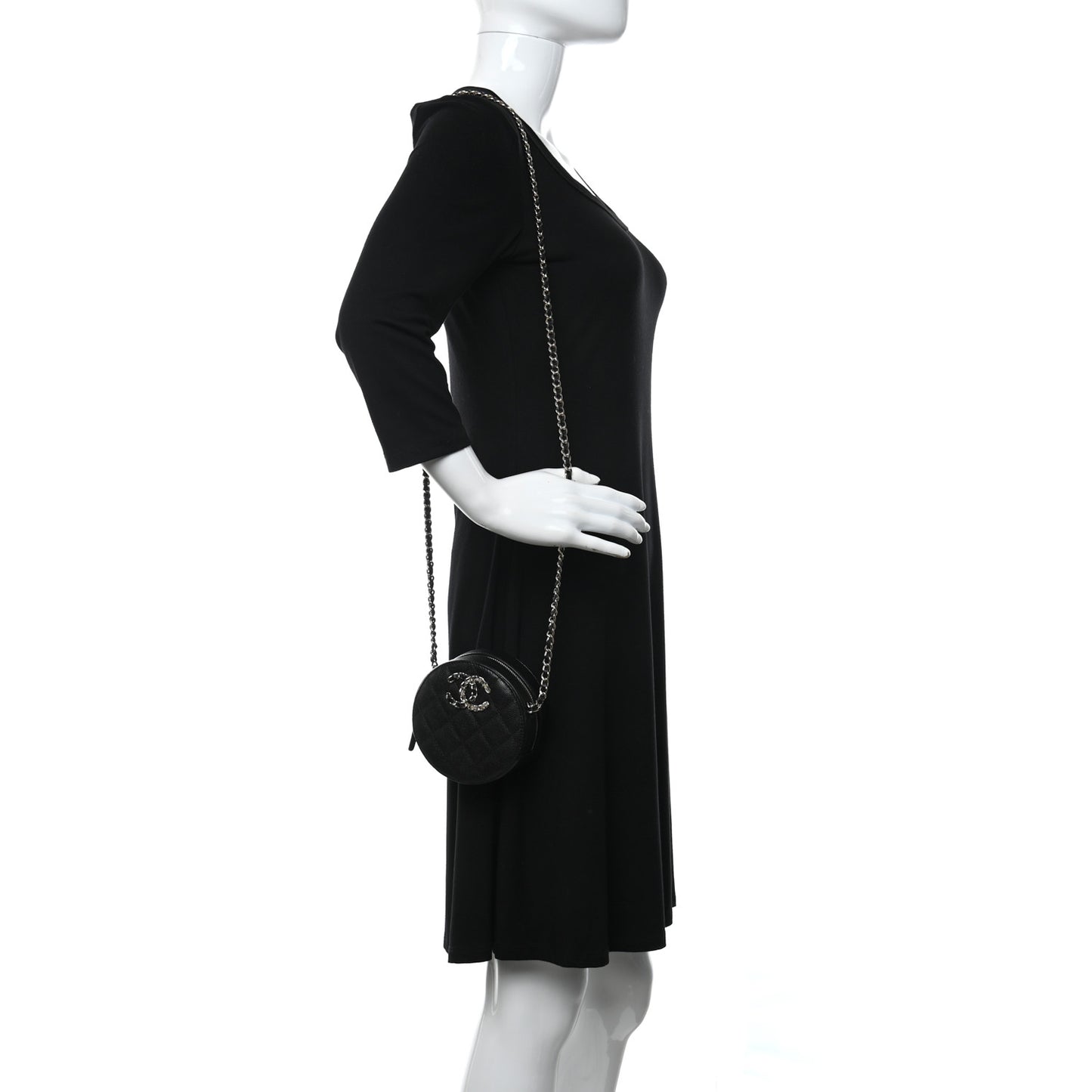Caviar Quilted French New Wave Round Clutch With Chain Black