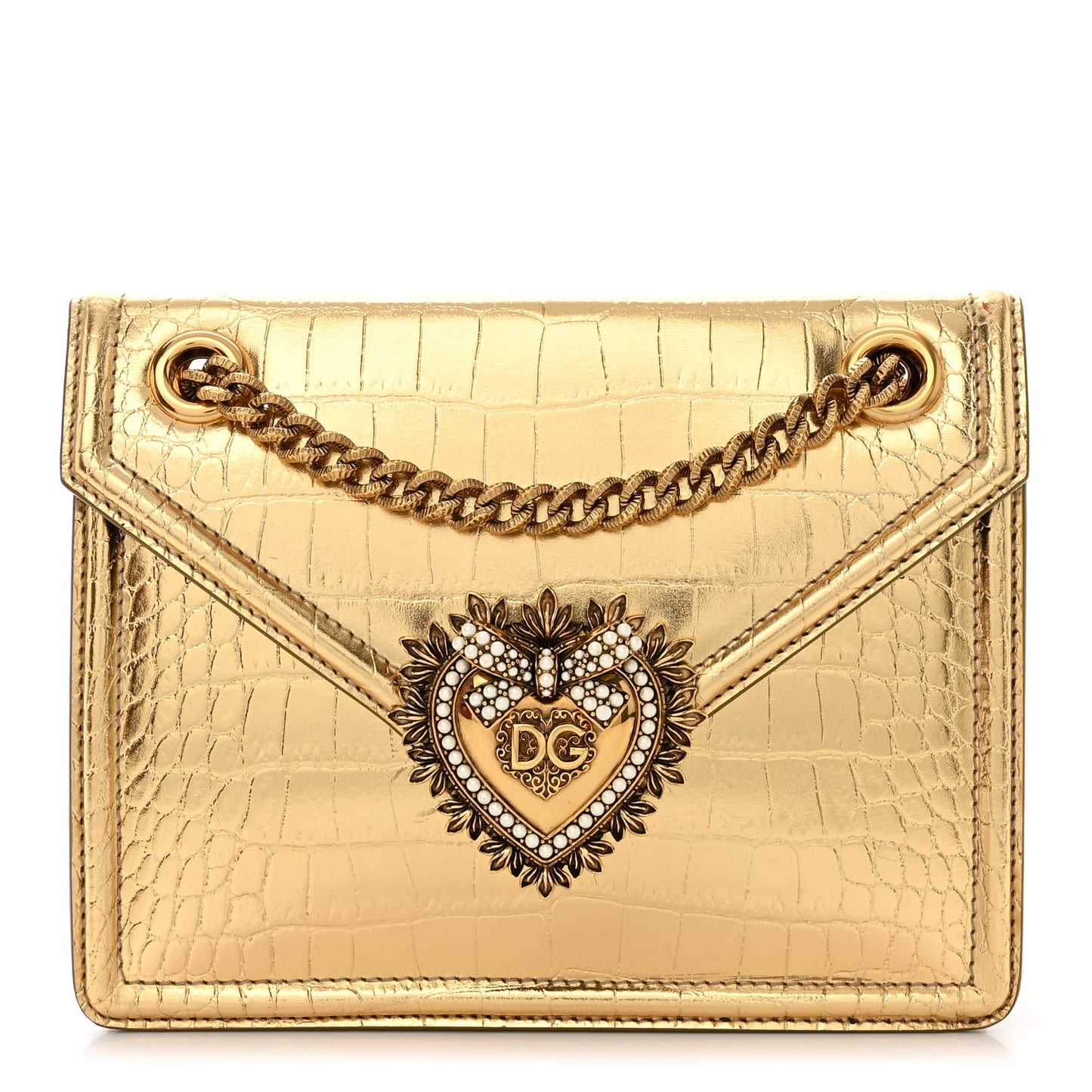 Metallic Calfskin Crocodile Embossed Mini Devotion Envelope Bag Gold