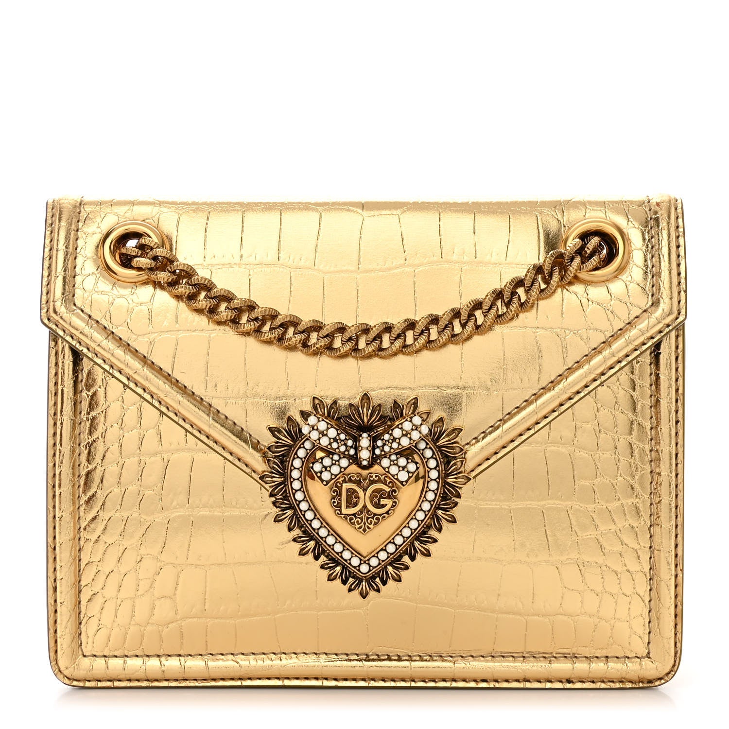 Dolce & Gabbana Metallic Calfskin Crocodile Embossed Mini Devotion Envelope Bag Gold 1 of 10