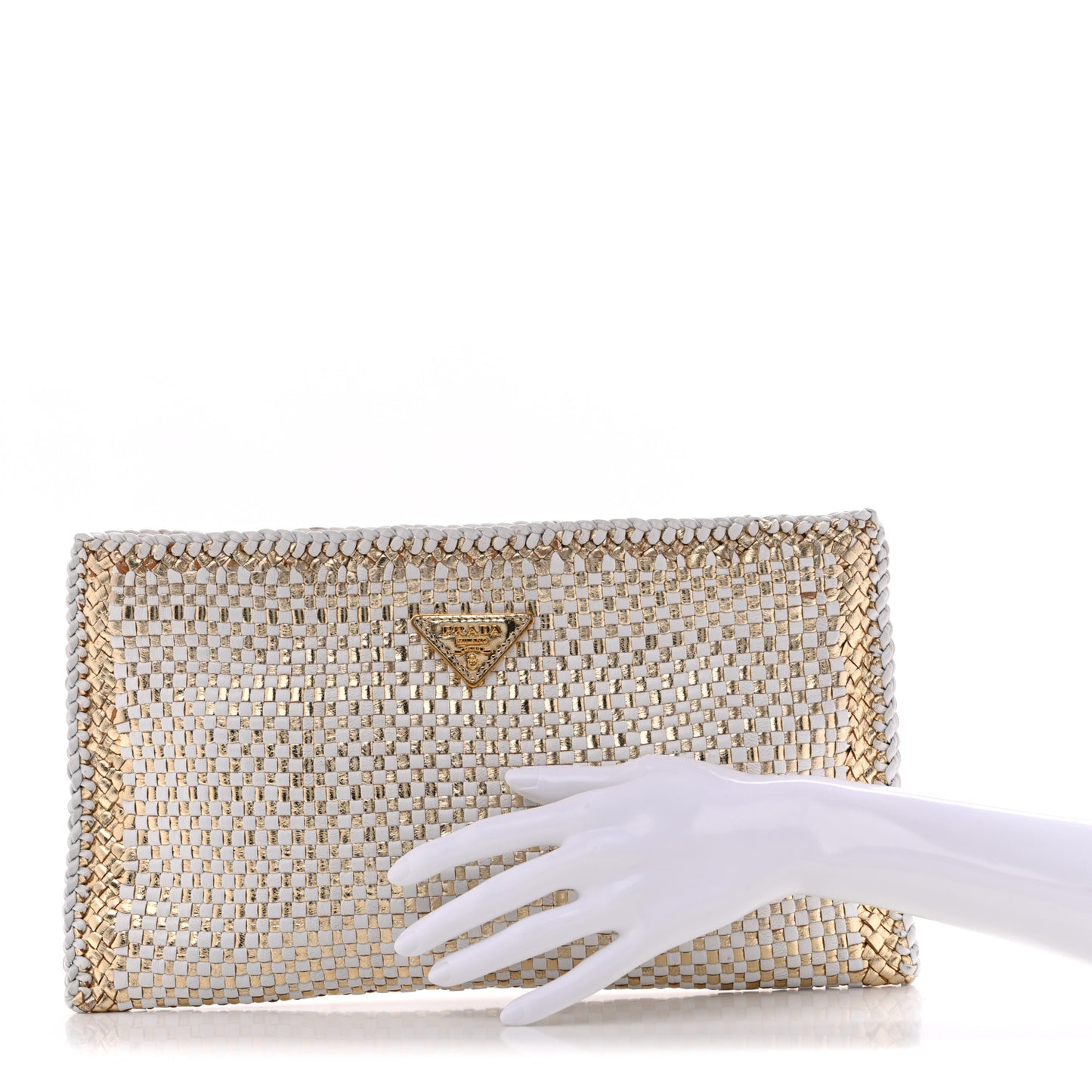 Goatskin Woven Zip Clutch Oro White