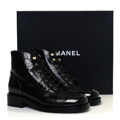 Chanel Crumpled Lambskin Shiny Calfskin Combat Boots 38.5 Black 8 of 8