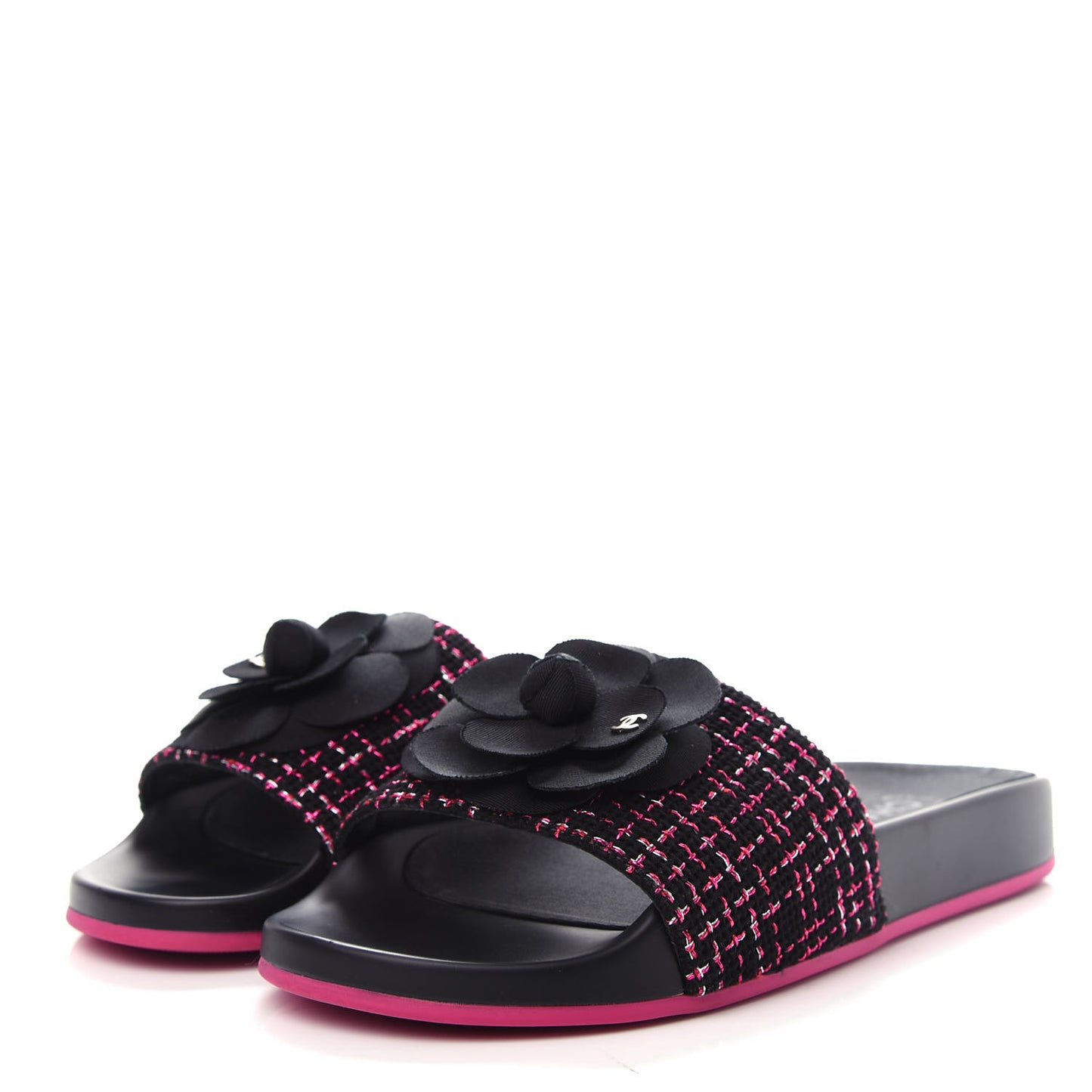 Tweed Grosgrain Camellia CC Flat Mules 37 Black Pink