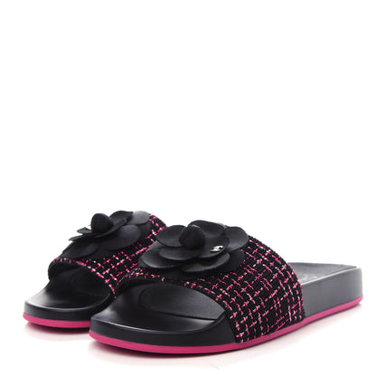 Chanel Tweed Grosgrain Camellia CC Flat Mules 37 Black Pink 3 of 11
