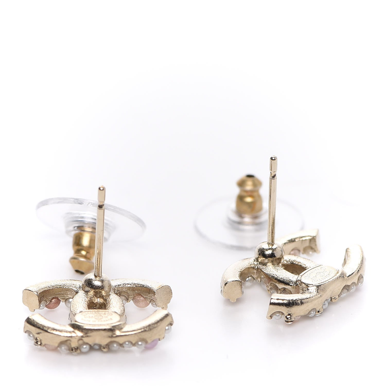 Chanel Pearl Crystal CC Charms Stud Earrings Light Gold Pink 3 of 5