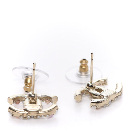 Chanel Pearl Crystal CC Charms Stud Earrings Light Gold Pink 3 of 5