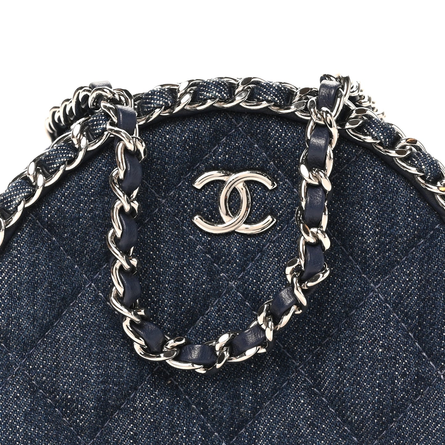 Denim Quilted Round Clutch With Chain Blue