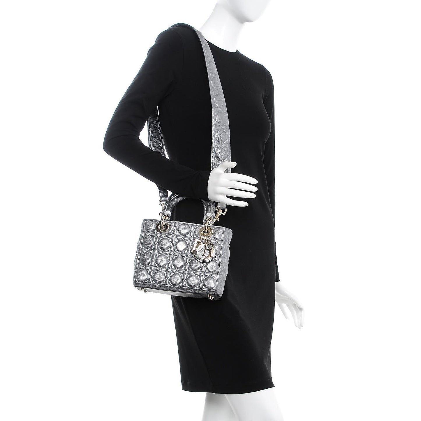 Metallic Grained Calfskin Cannage Small Supple Lady Dior Steel