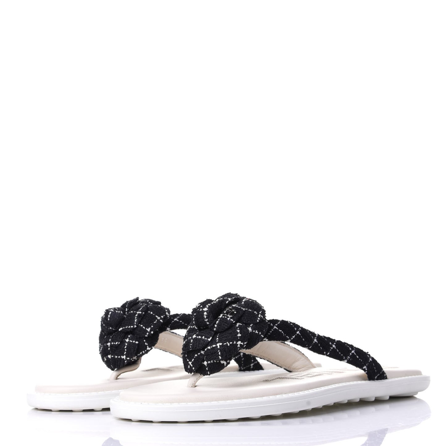 Tweed Quilted Camellia Thong Sandals 39 Black White