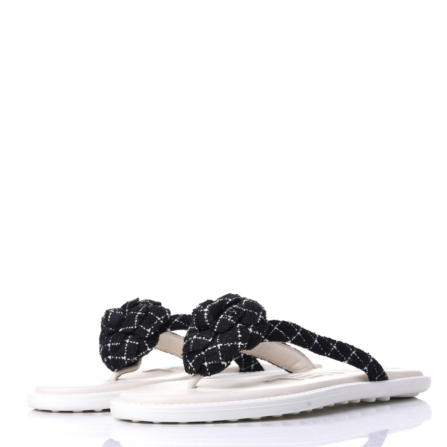 Chanel Tweed Quilted Camellia Thong Sandals 39 Black White 3 of 11