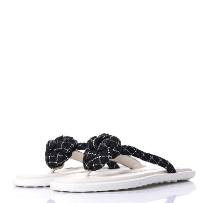 Chanel Tweed Quilted Camellia Thong Sandals 39 Black White 3 of 11