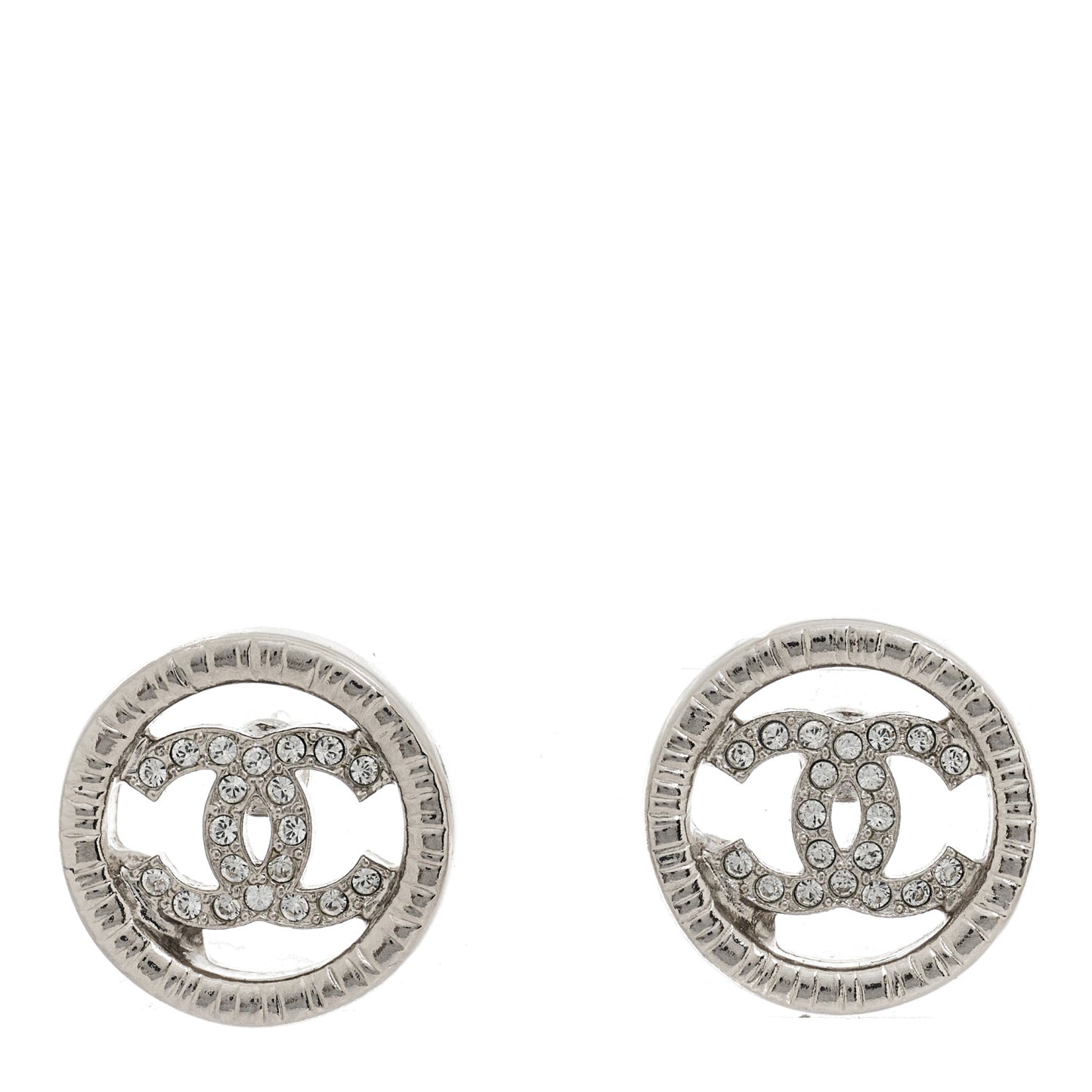 Metal Crystal Textured CC Round Earrings Silver
