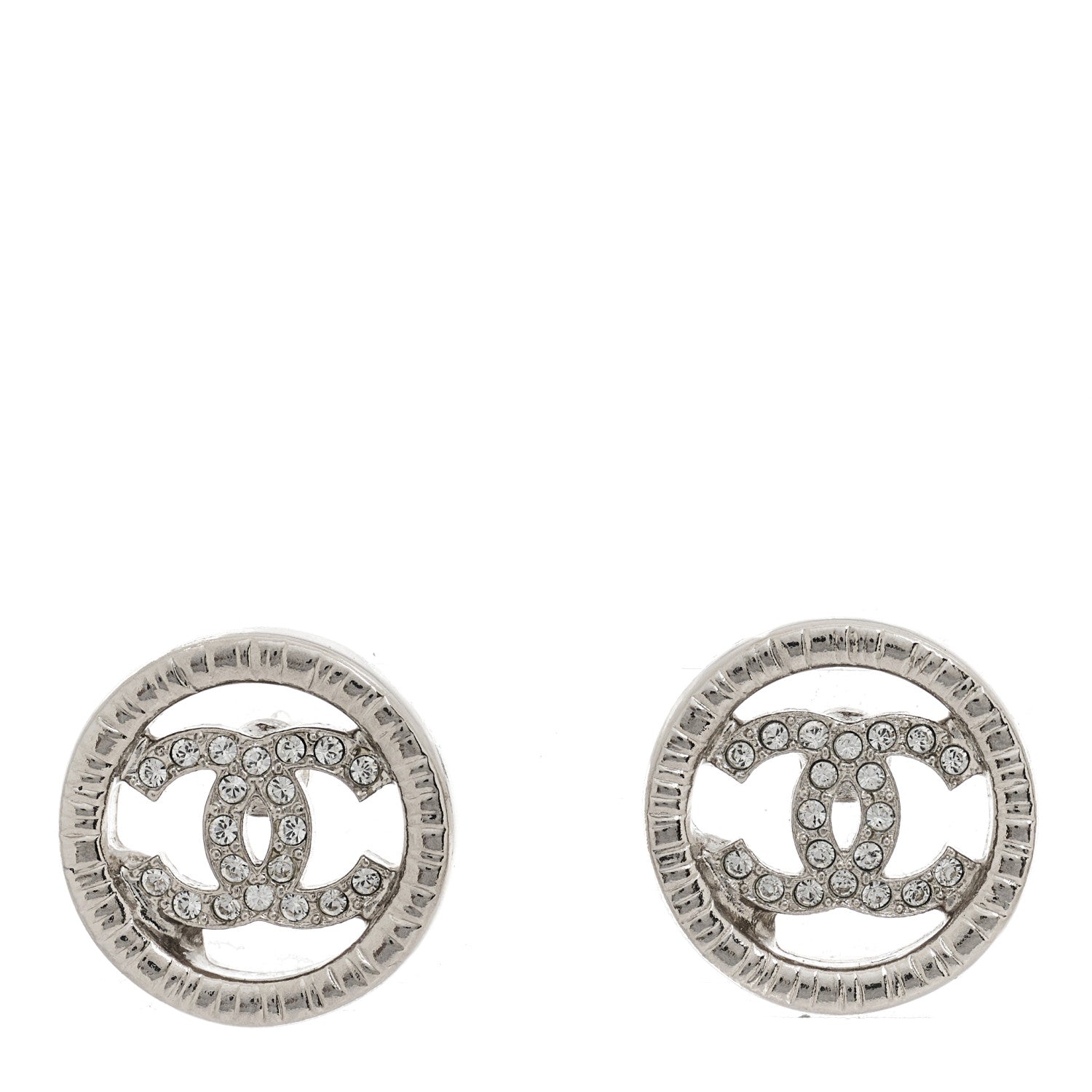 Chanel Metal Crystal Textured CC Round Earrings Silver 1 of 5