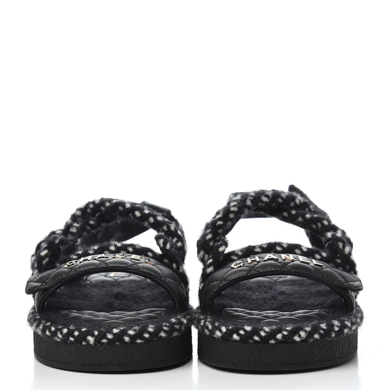 Chanel Cord Lambskin Quilted Logo Sandals 39 Black White 2 of 9