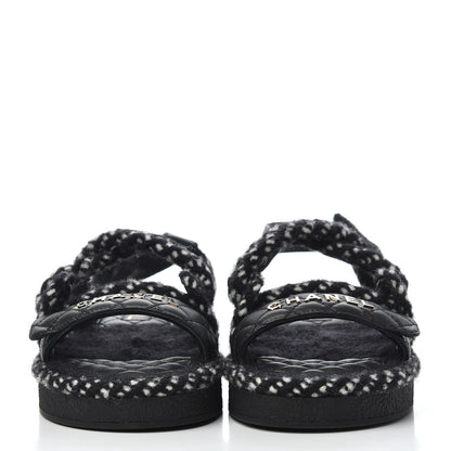 Chanel Cord Lambskin Quilted Logo Sandals 39 Black White 2 of 9