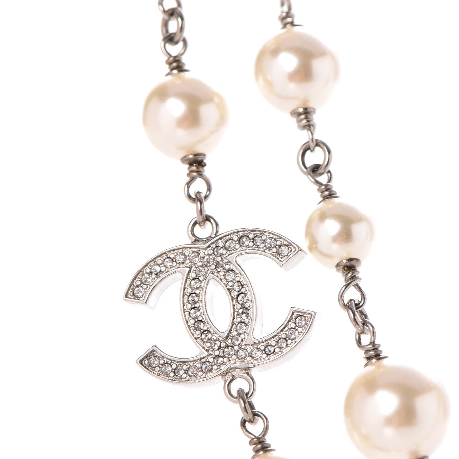 Chanel Crystal Pearl CC Long Necklace Silver 4 of 6
