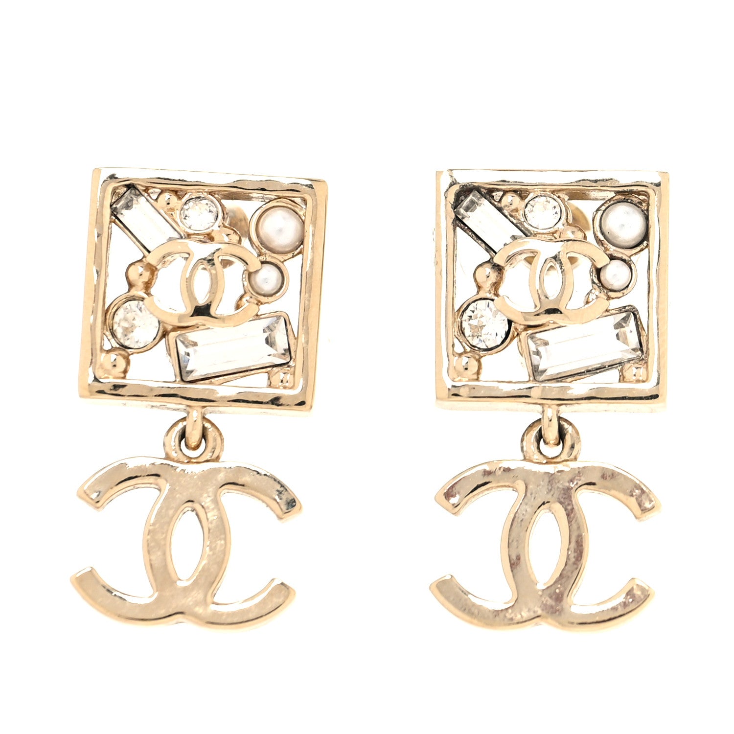 Chanel Baguette Crystal CC Drop Earrings Gold 1 of 5