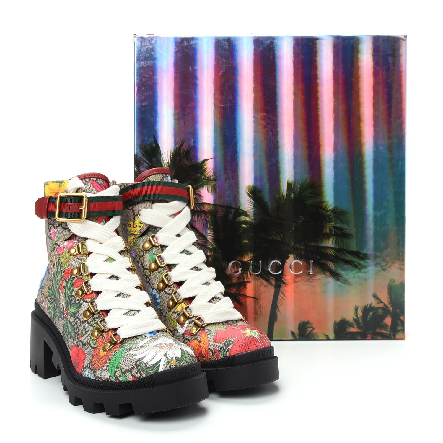 Gucci GG Supreme Monogram Flora Lace Up Combat Ankle Boots 36.5 Beige Multicolor Red 11 of 11