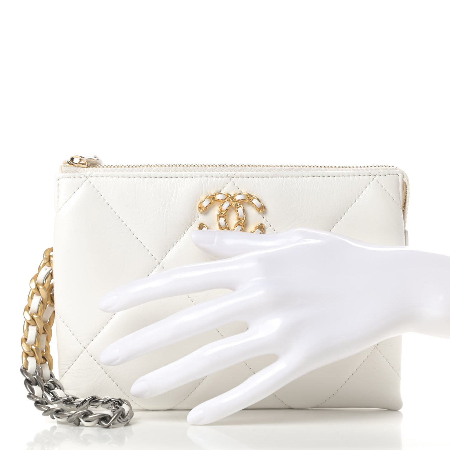Shiny Goatskin Quilted Chanel 19 Small Pouch With Handle White