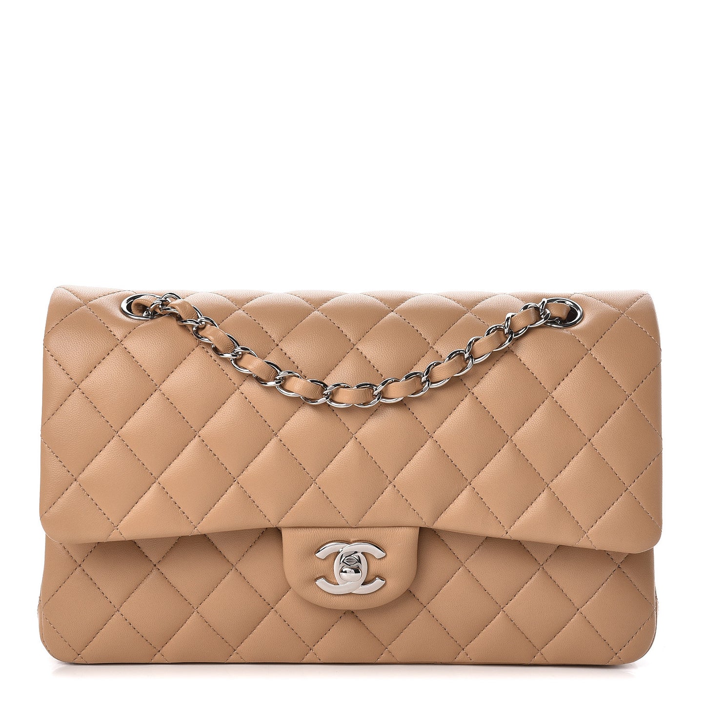 Lambskin Quilted Medium Double Flap Beige