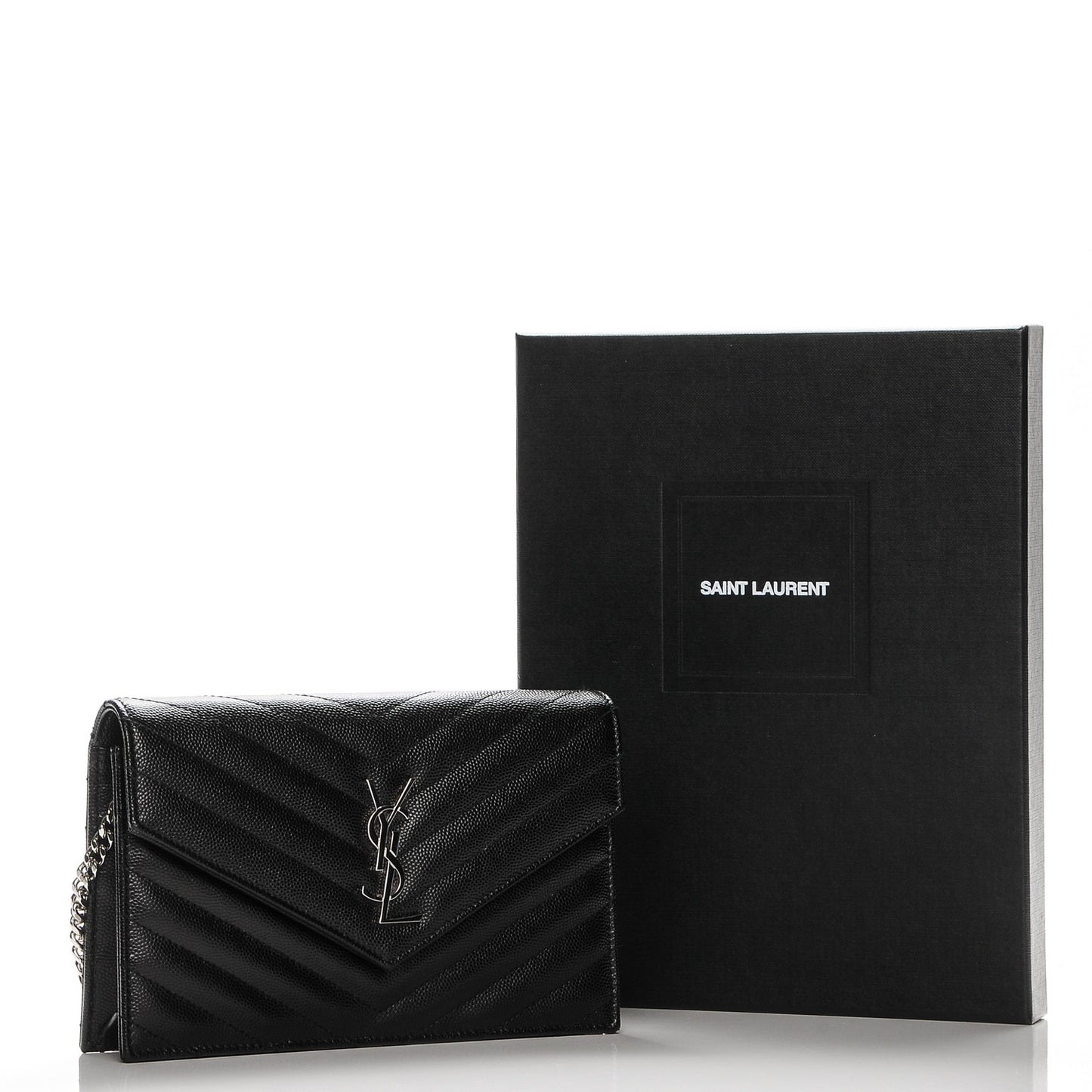 Grain De Poudre Matelasse Chevron Monogram Envelope Chain Wallet Black