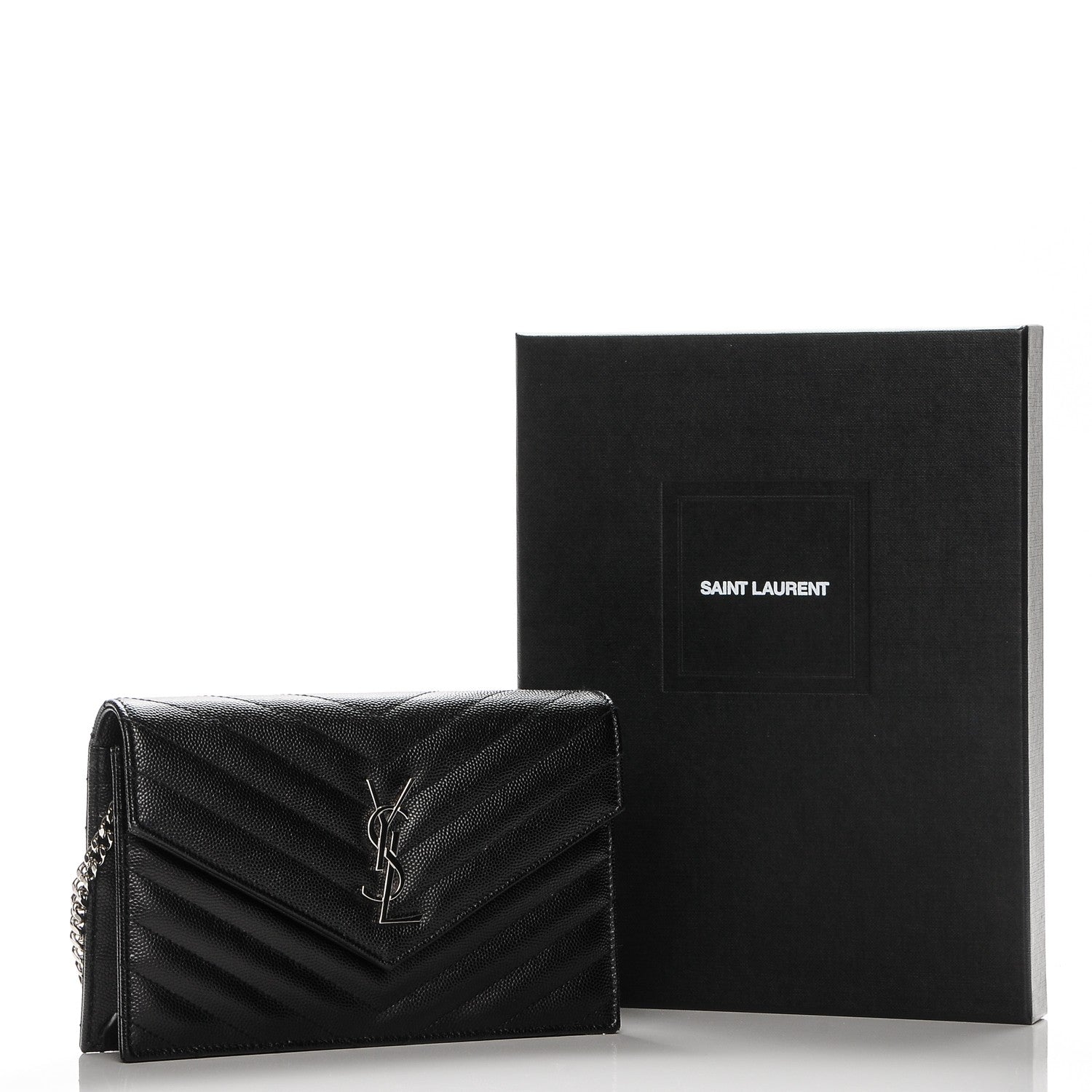 Saint Laurent Grain De Poudre Matelasse Chevron Monogram Envelope Chain Wallet Black 7 of 7