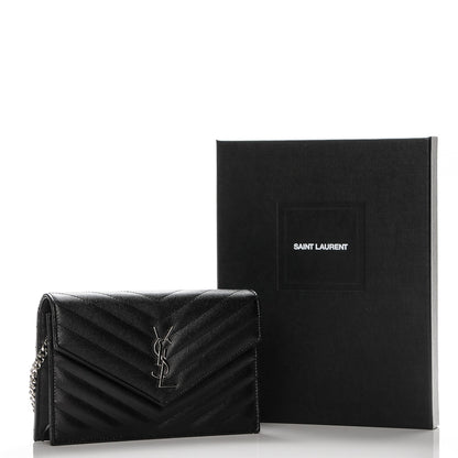 Saint Laurent Grain De Poudre Matelasse Chevron Monogram Envelope Chain Wallet Black 7 of 7
