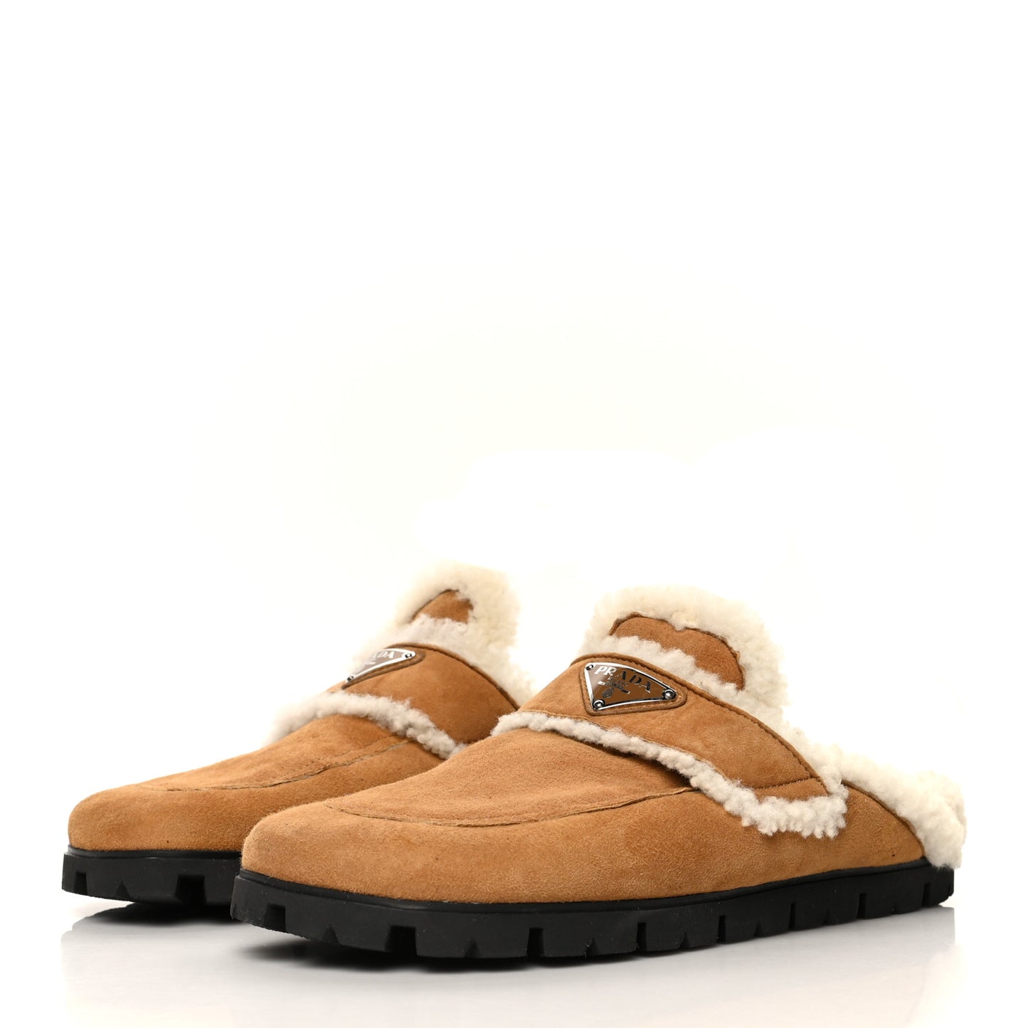 Shearling Metal Triangle Logo 20mm Slippers 40.5 Cognac