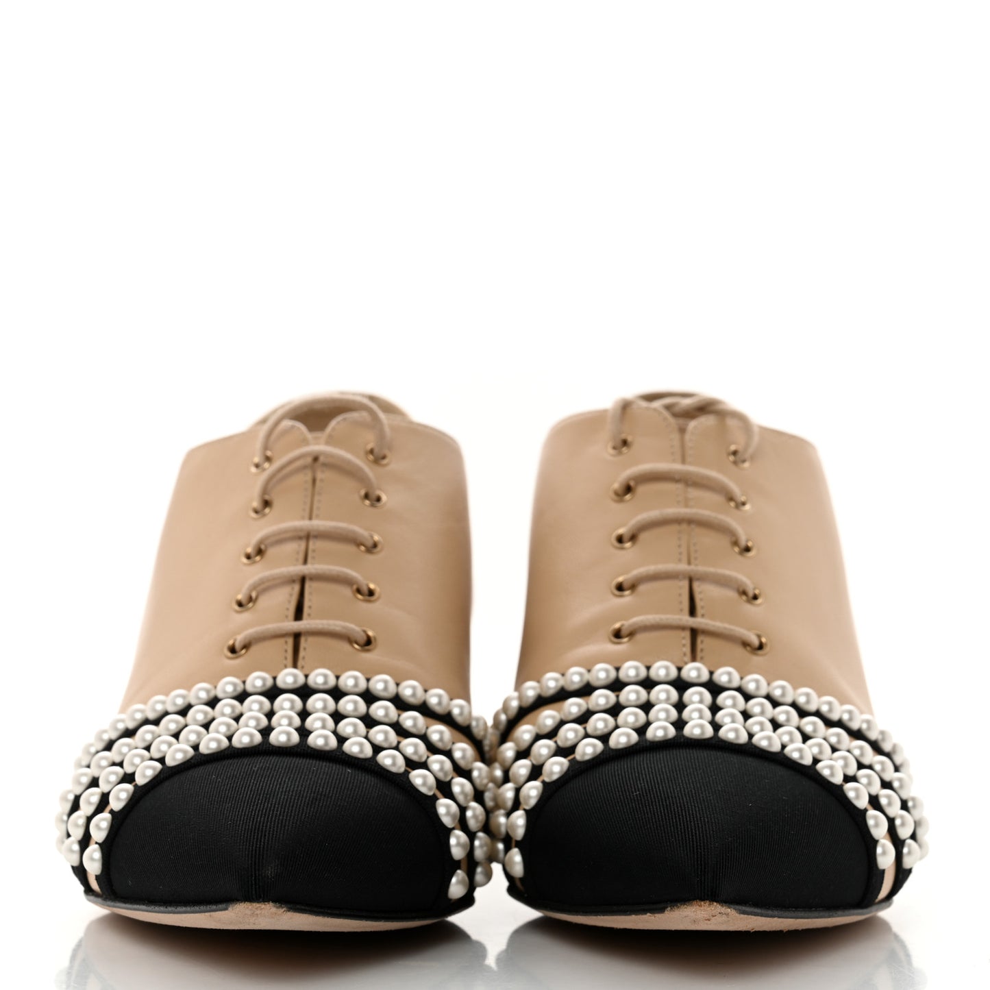 Goatskin Grosgrain Pearl Cap Toe Lace Up Oxfords 39 Beige Black