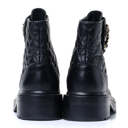 Chanel Shiny Goatskin Calfskin Quilted Lace Up Combat Boots 35 Black 3 of 5