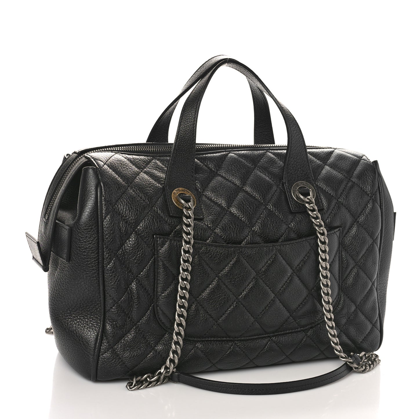 Grained Calfskin Quilted Large Casual Pocket Bowling Bag Black