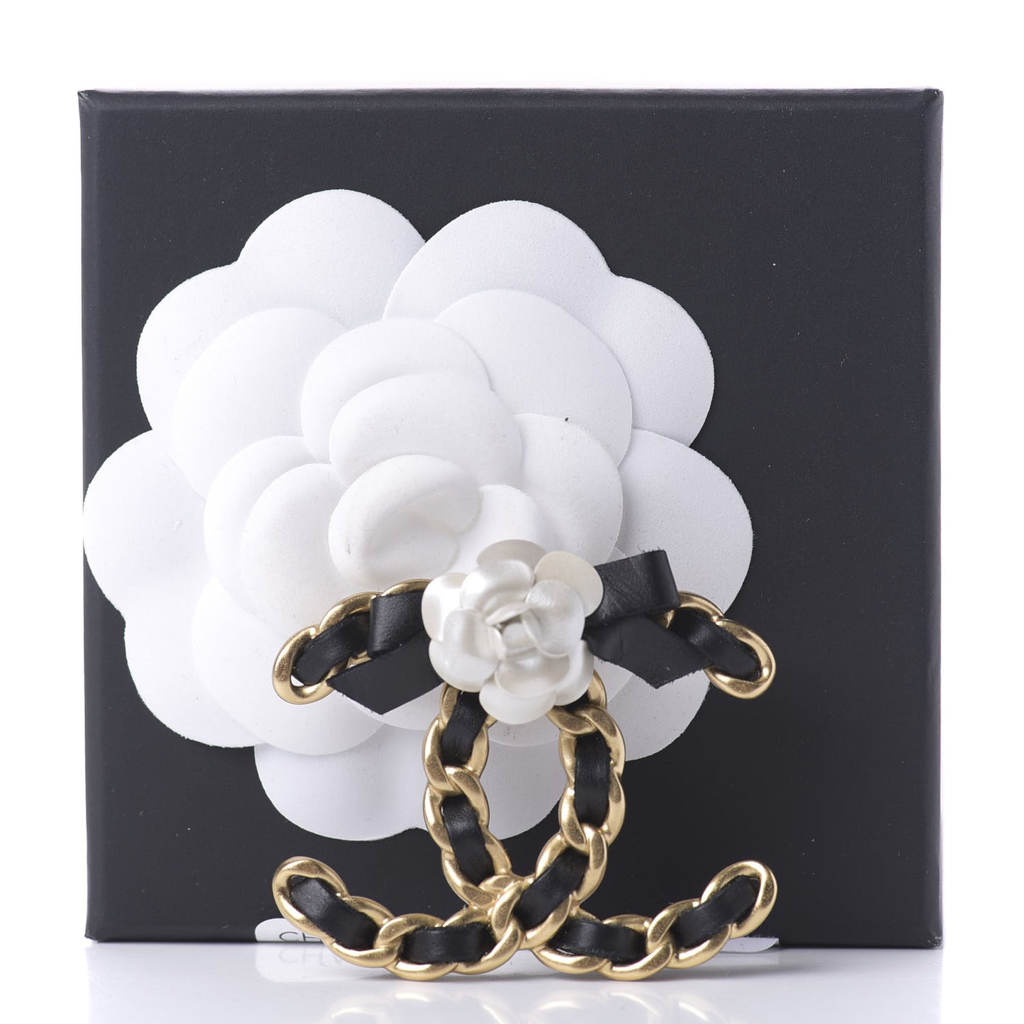 Metal Calfskin Chain 90's Camellia Brooch Black Gold