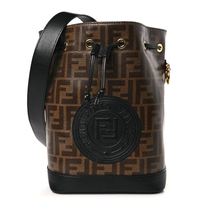 Fendi Glazed Fabric Vitello Grace F is Fendi FF 1974 Stamp Patch Grande Mon Tresor Bucket Bag Mogano Panna Black 1 of 9
