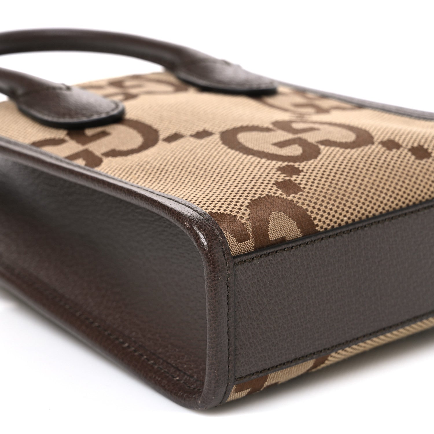 Gucci Monogram Jumbo GG Textured Dollar Calfskin Web Mini Vertical Tote Camel Ebony New Acero 9 of 10