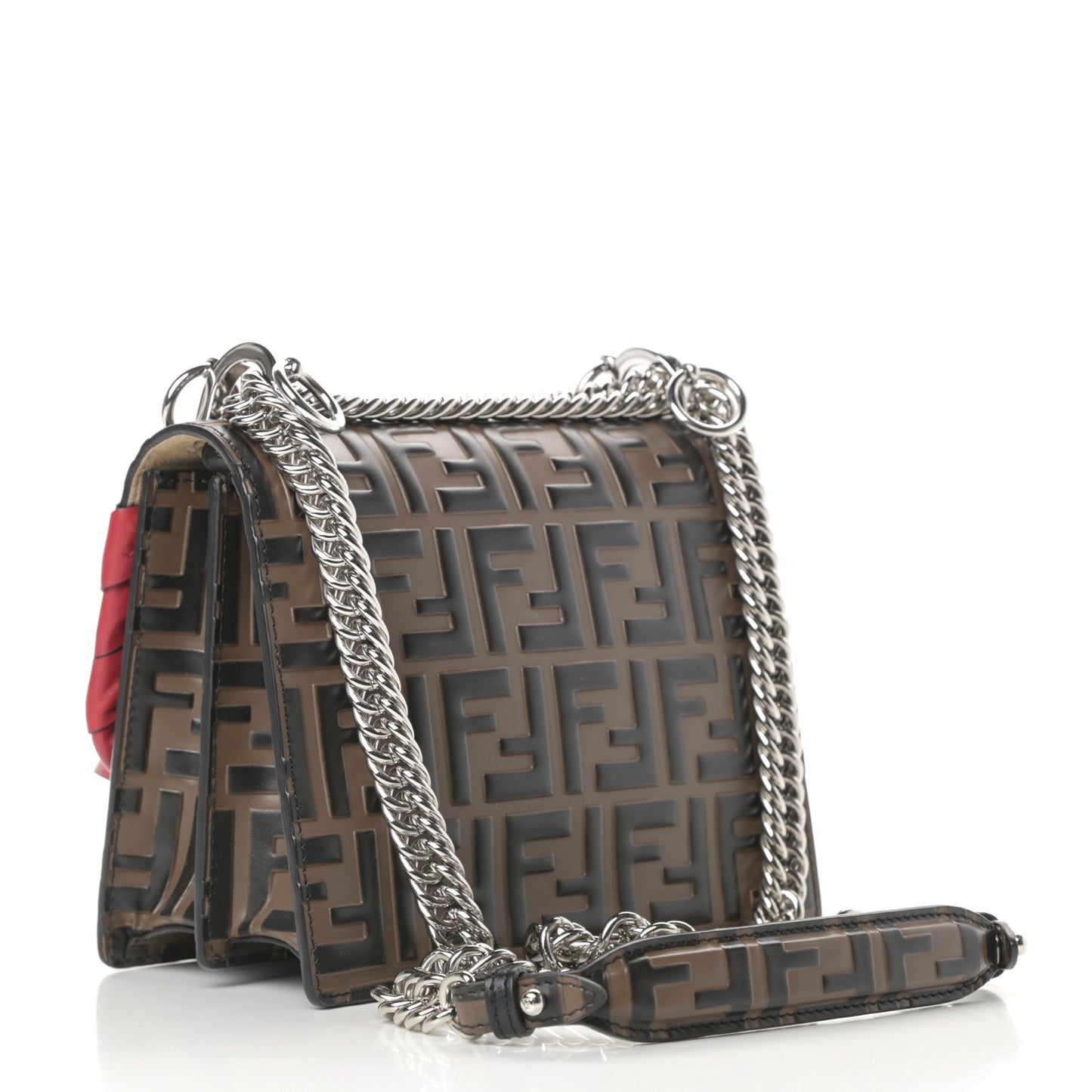 Vitello Shiny Nappa Bi-Color FF 1974 Lace Up Bow Embossed Small Kan I Shoulder Bag Maya Black Fragola