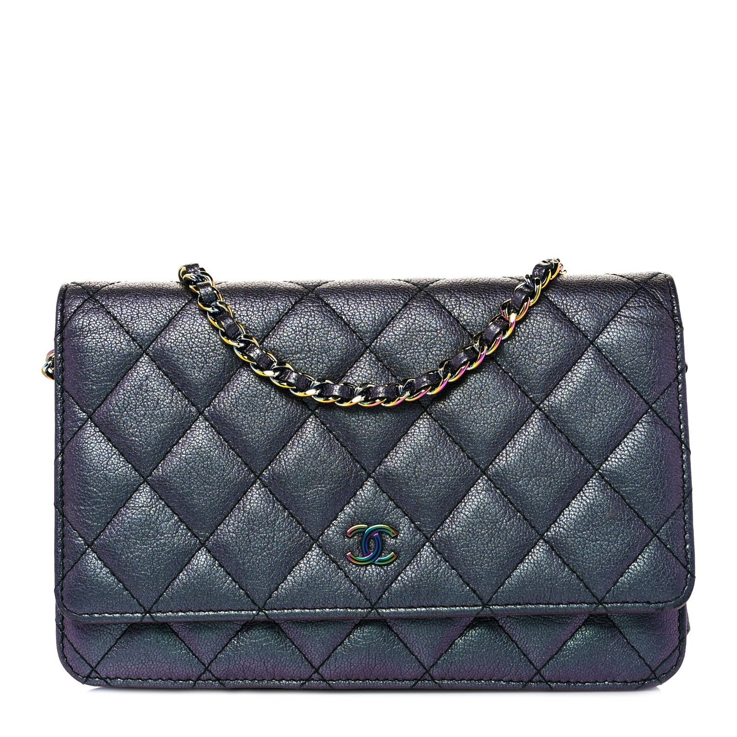 Iridescent Goatskin Quilted Wallet On Chain WOC Purple
