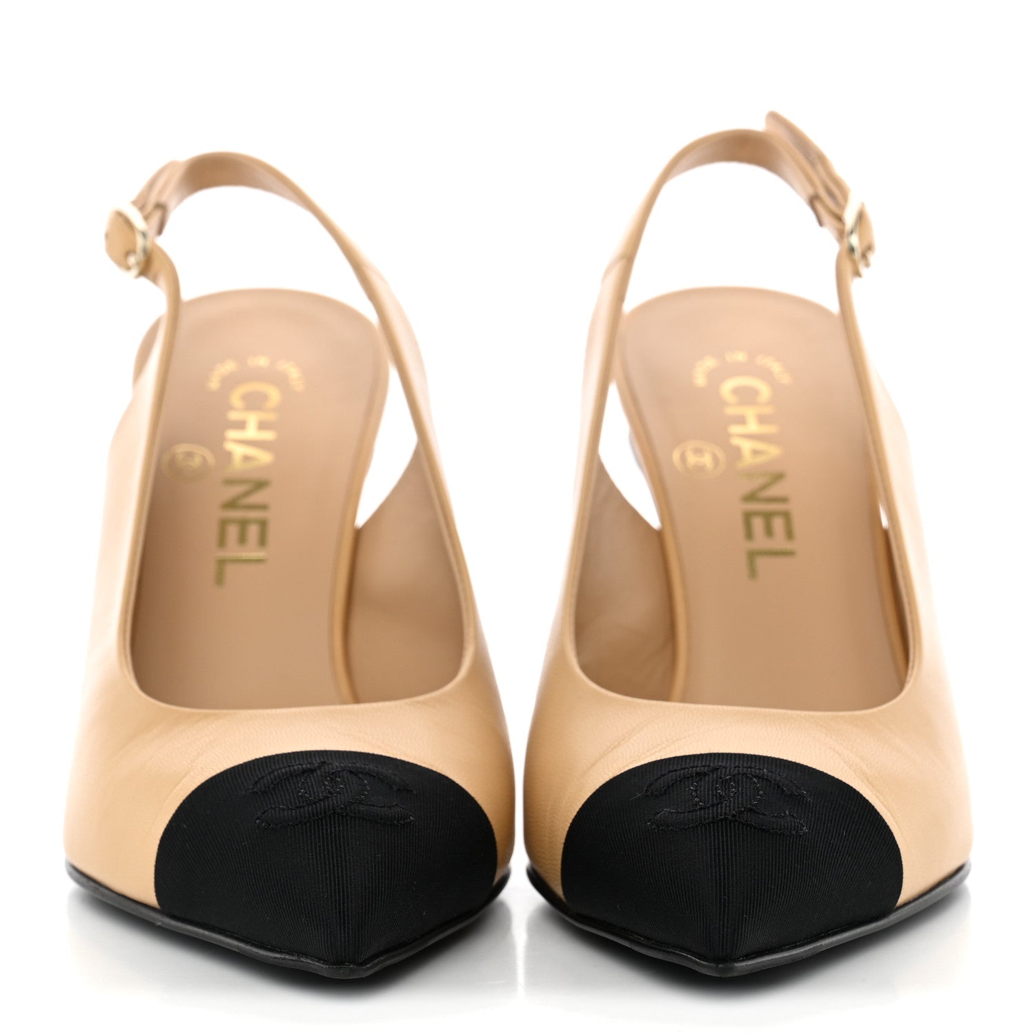 Chanel Goatskin Grosgrain Pointed Cap Toe CC Slingback Pumps 36 Beige Black 2 of 12
