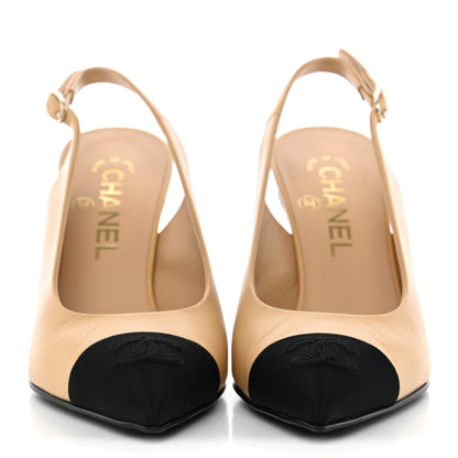 Chanel Goatskin Grosgrain Pointed Cap Toe CC Slingback Pumps 36 Beige Black 2 of 12