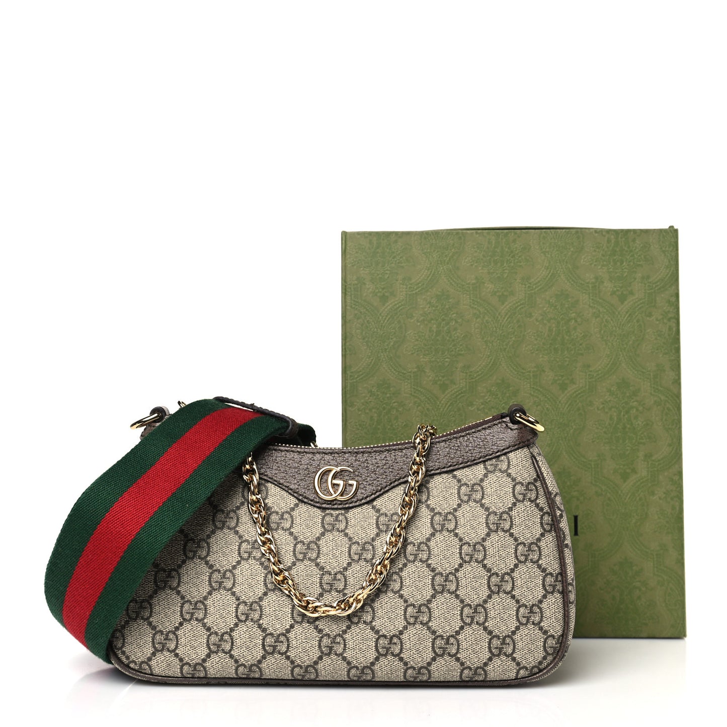 GG Supreme Monogram Textured Dollar Calfskin Web Small Ophidia GG Handbag Beige Ebony New Acero
