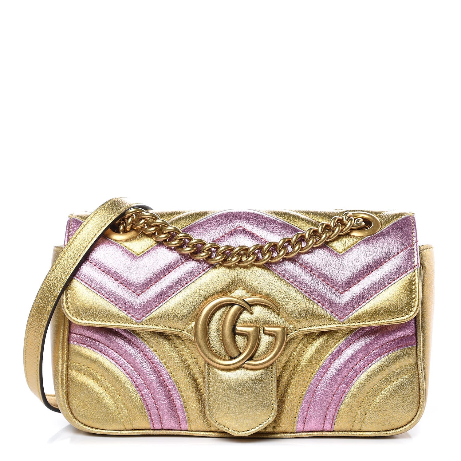 Gucci Metallic Calfskin Matelasse Mini GG Marmont Shoulder Bag Gold Pink 1 of 10
