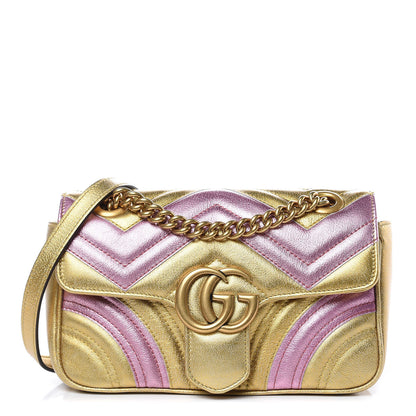 Gucci Metallic Calfskin Matelasse Mini GG Marmont Shoulder Bag Gold Pink 1 of 10