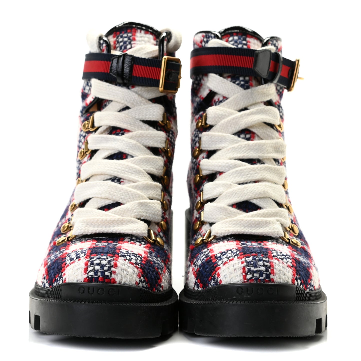 Vintage Tweed Check Lace Up Combat Ankle Boots 39 White Hibiscus Red Marine