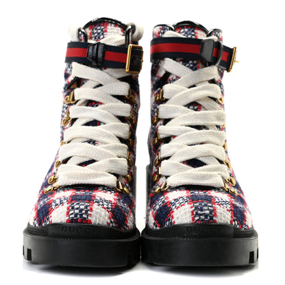 Gucci Vintage Tweed Check Lace Up Combat Ankle Boots 39 White Hibiscus Red Marine 2 of 12