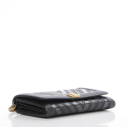 Chanel Calfskin Caviar Quilted Chevron Mixed Boy Wallet On Removable Chain Black 4 of 9